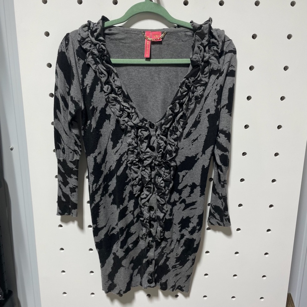 Black and Gray Ruffled V-Neck Long Cardigan Size S